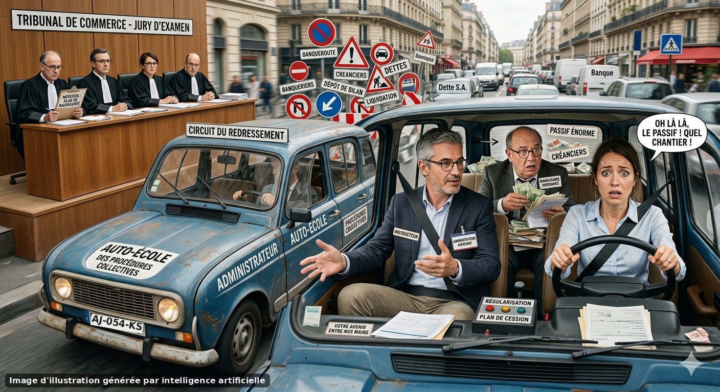 Une voiture d'auto-école : la dirigeante au volant, l'administrateur judiciaire en moniteur, le mandataire judiciaire à l'arrière avec les créances, et le tribunal en jury d'examen
