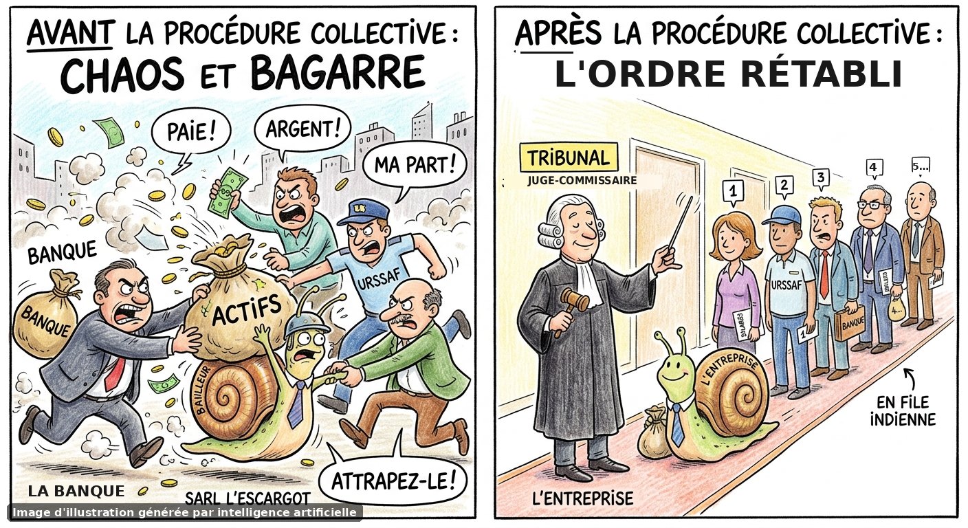 Avant la procédure, les créanciers se disputent l'escargot et ses actifs ; après, ils attendent en file devant le tribunal