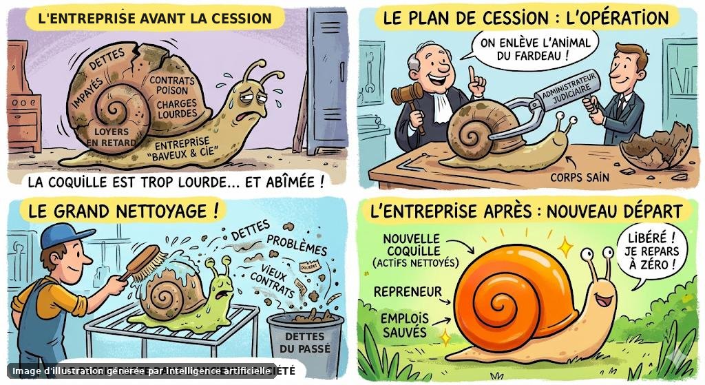 En quatre cases, un plan de cession : l'entreprise sous une coquille trop lourde ; l'administrateur judiciaire sort l'animal de sa coquille ; le passif reste dans l'ancienne société ; l'activité repart avec un repreneur et ses emplois