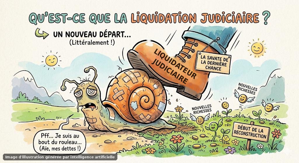 Un escargot épuisé, la coquille rafistolée, écrasé par la botte du liquidateur judiciaire ; à côté, des pousses et un panneau « début de la reconstruction »
